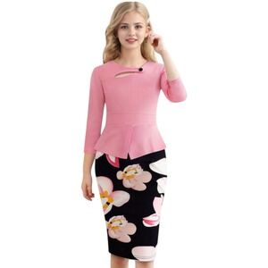 Homeyee Pink Peplum Floral Sheath Dress 3/4 Sleeve Cutout Neck B326 Womens L NEW
